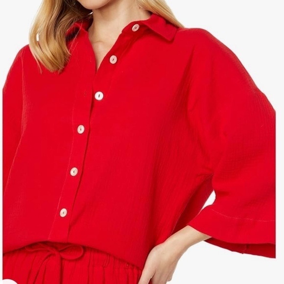 Charlie Holiday Red Cotton Gauze Harlow Button Down 3/4 Casual Oversized Shirt 6 - Picture 4 of 12